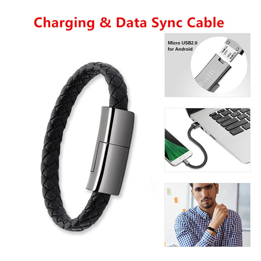 Leather Bracelet USB Charging Cable – Stylish & Portable Data Cable for iPhone & Android